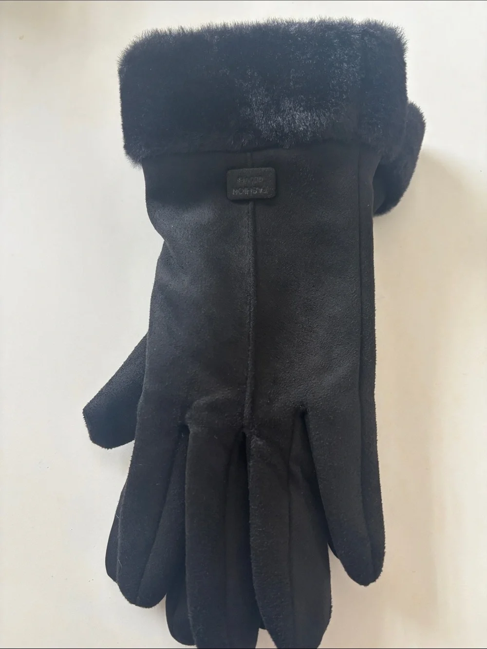 Black Faux Suede Fur Cuff Winter Gloves